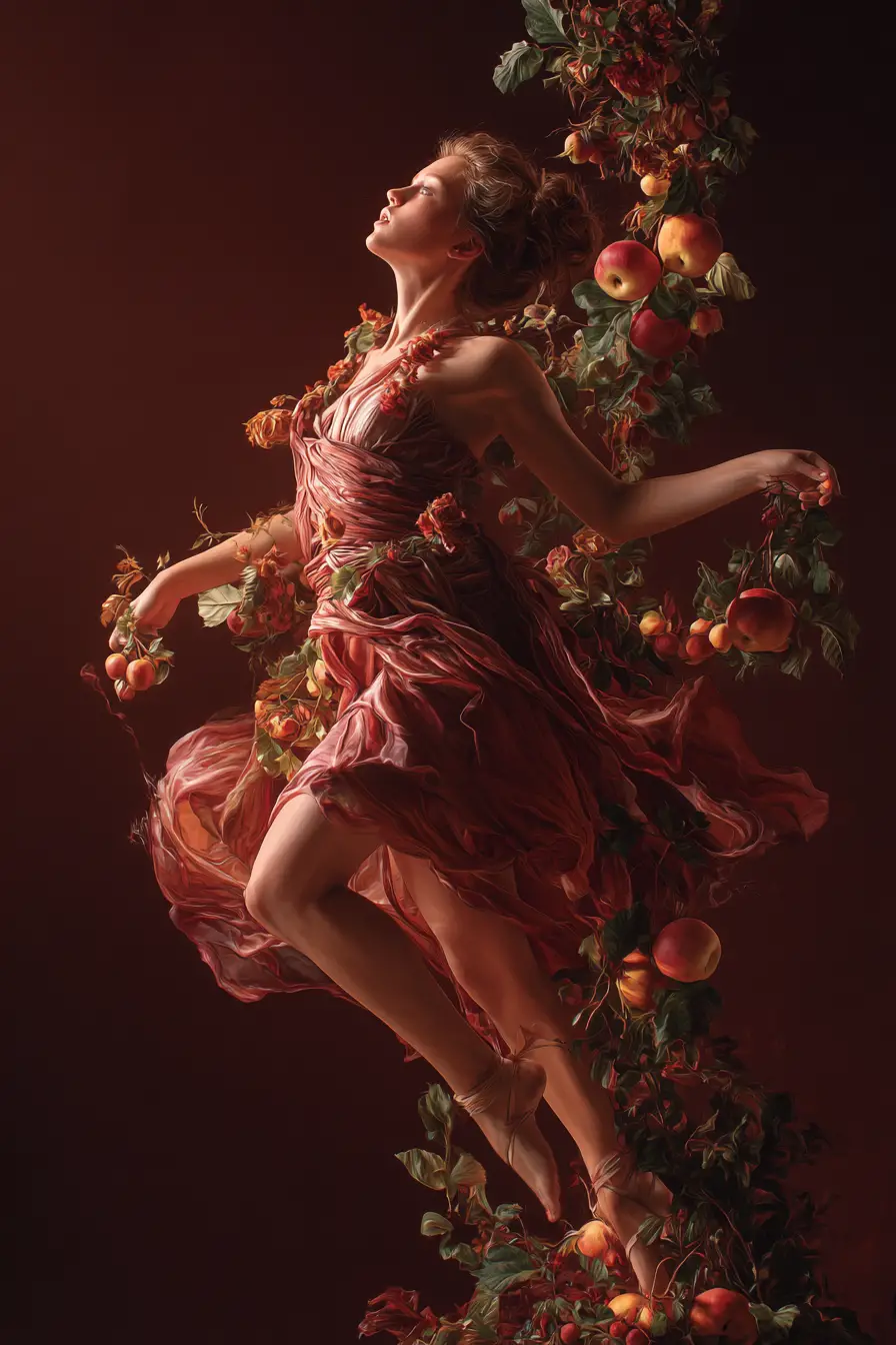 Passionate woman surrounded by flowing floral and fruit forms