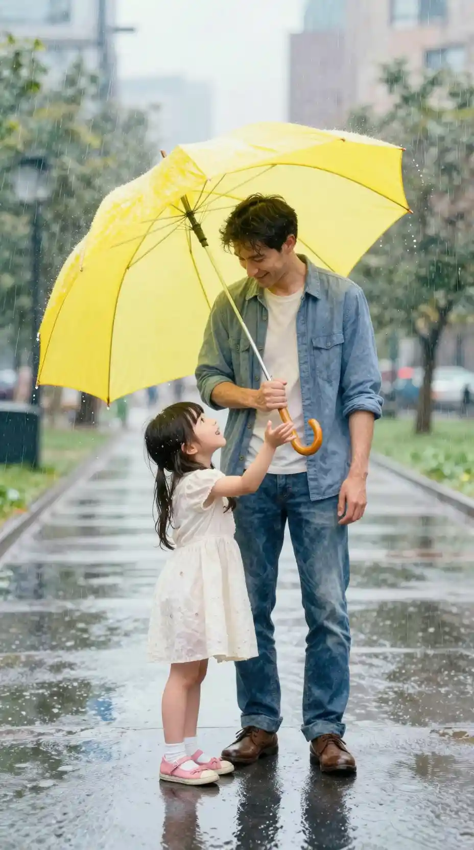 Father and daughter under a yellow umbrella in spring rain
