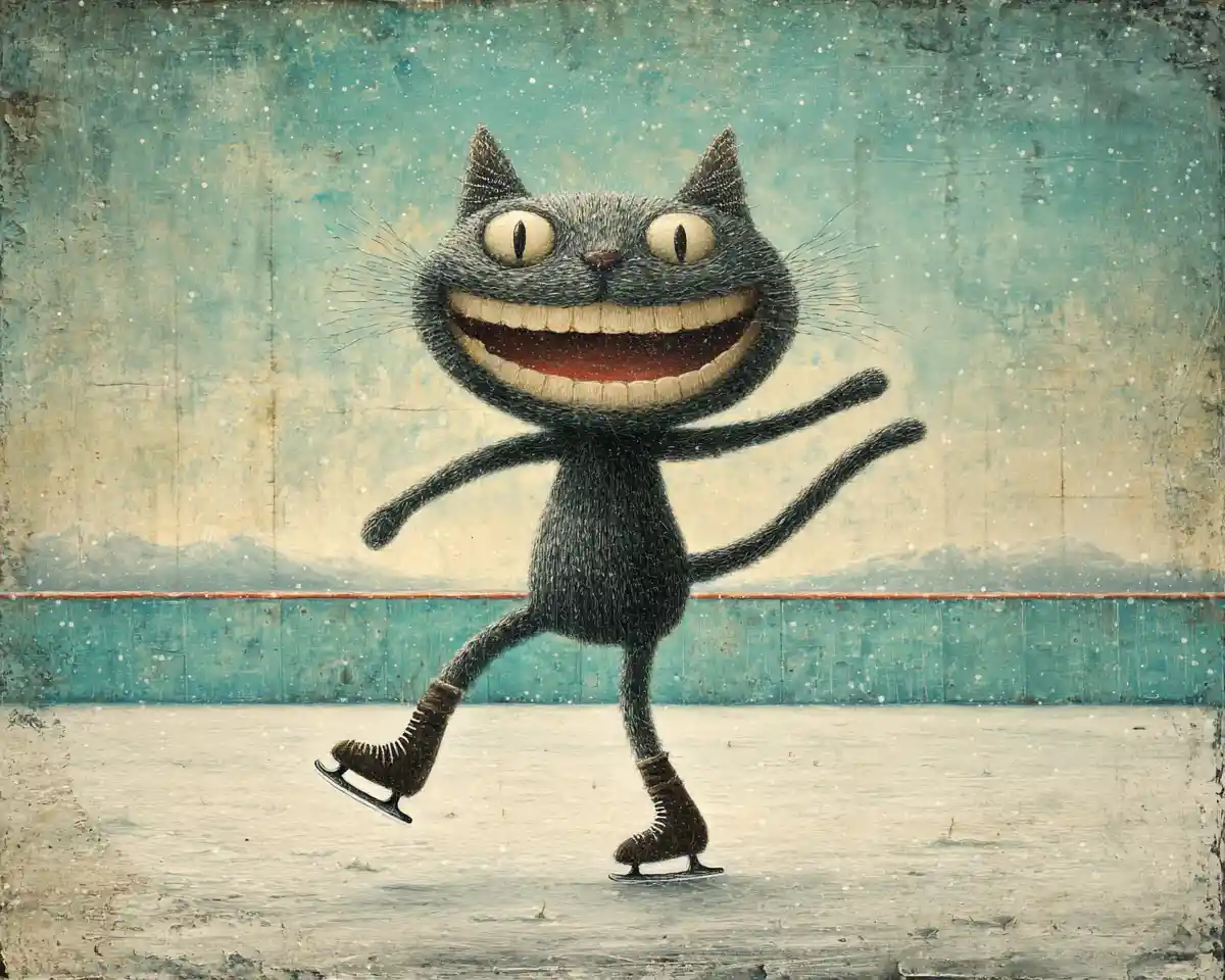Laughing female cat figure skating in an Olympic ice rink