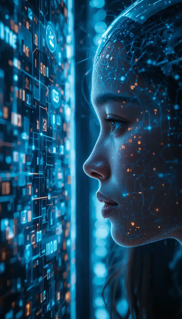 Human face interacting with futuristic ai interface