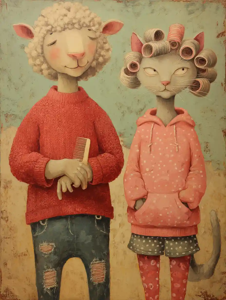 Stylized Sheep And Cat Friends In Cozy Fashion Scene