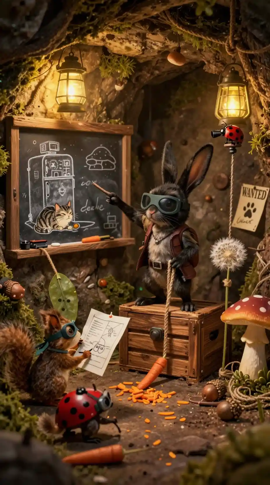 Rabbit mastermind briefing animal crew in underground hideout