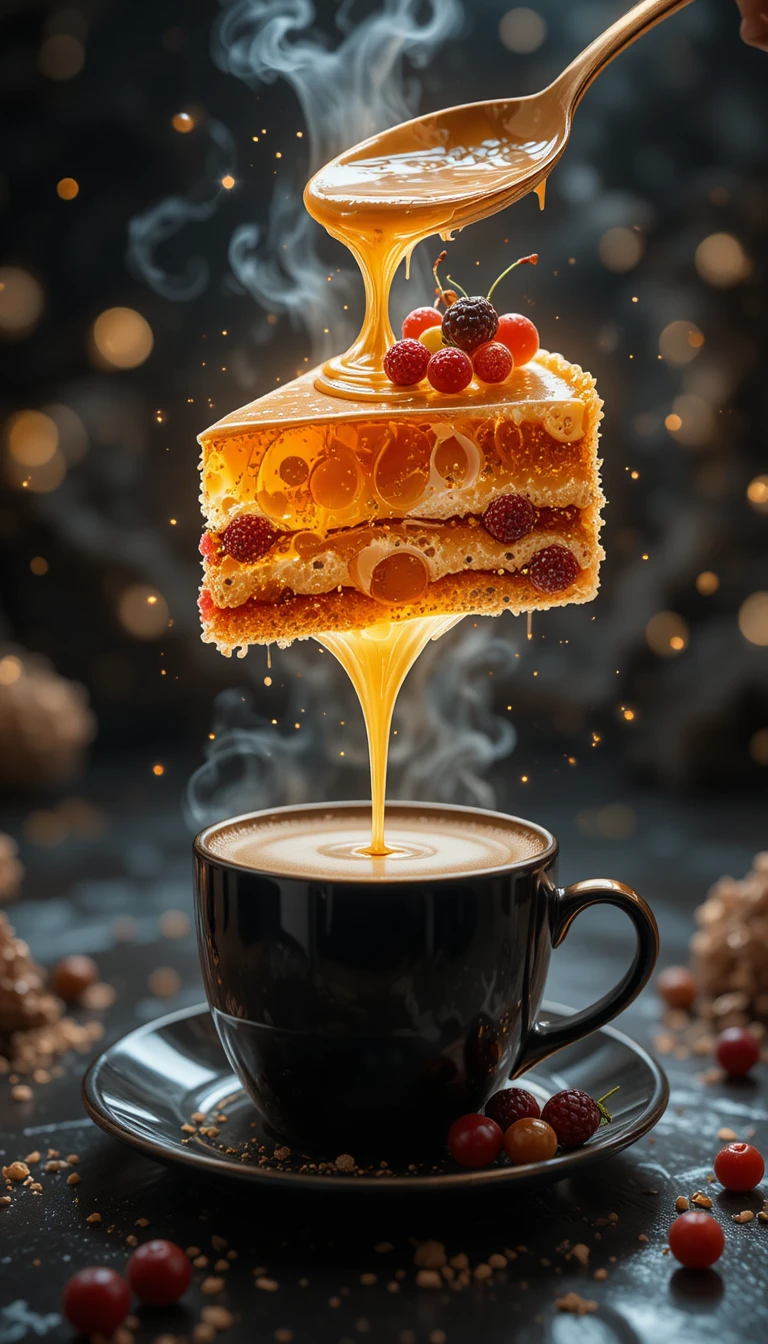Gros plan d’une part de gâteau fantastique à la crème dorée et aux baies