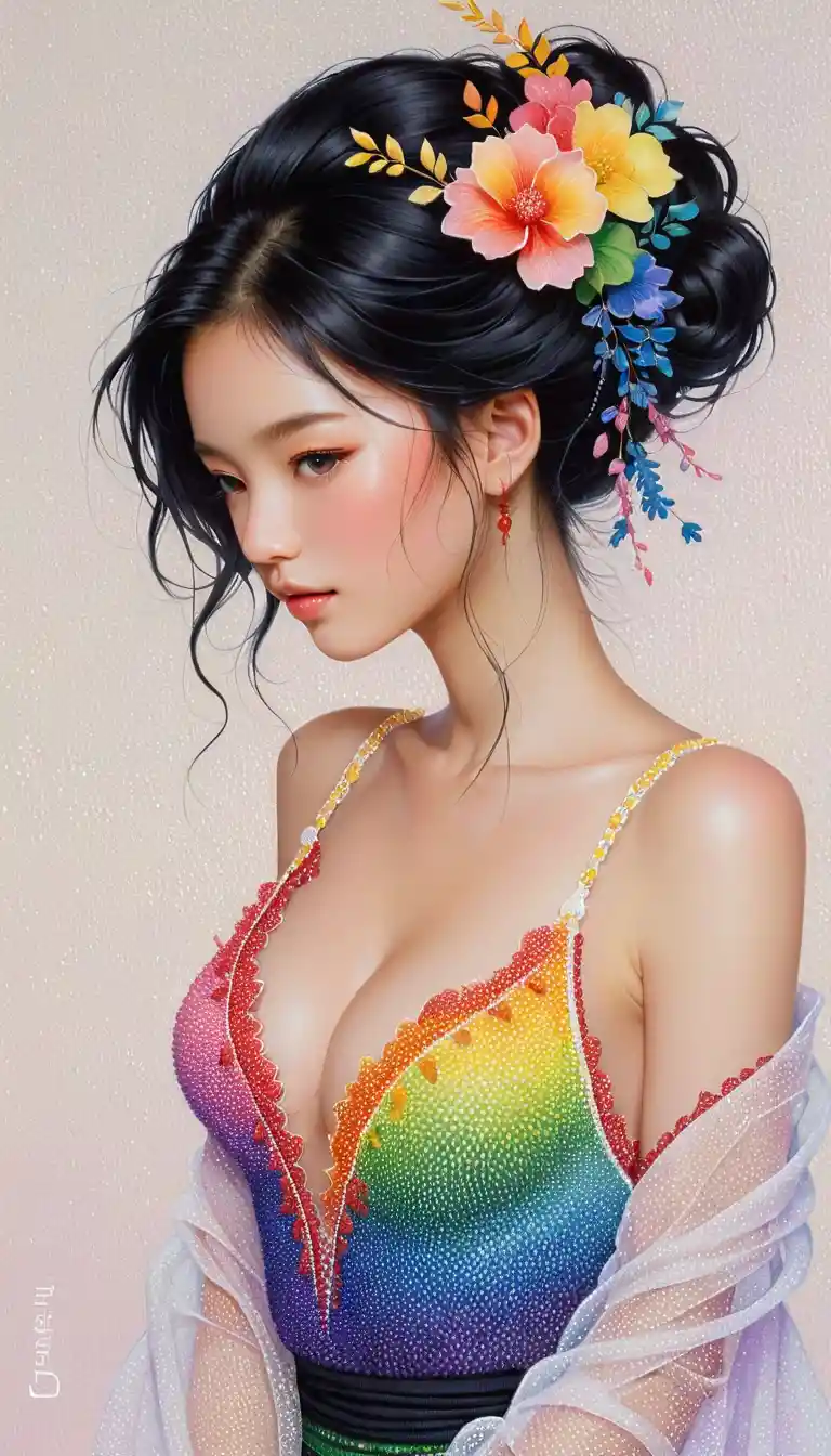 Composizione puntinista arcobaleno con una donna glamour