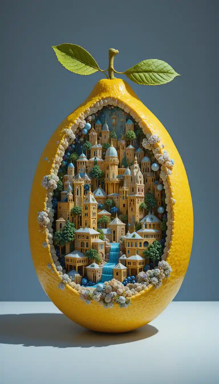 Città in miniatura di pietra gialla nascosta nell’ombra di un limone