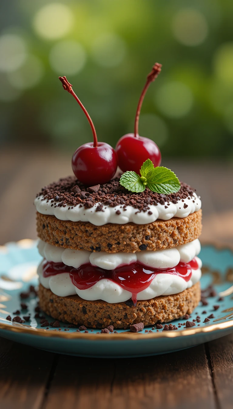 Elegante postre en capas sobre plato vintage turquesa