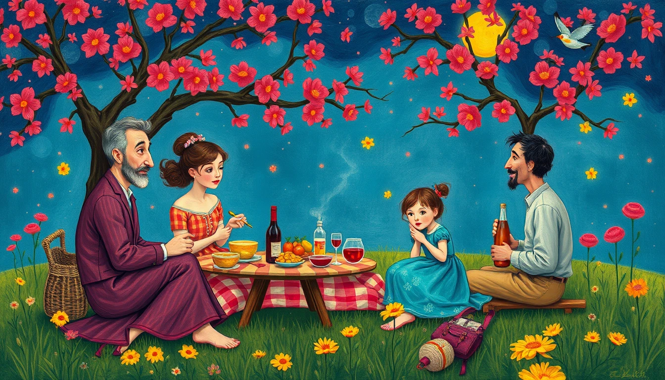 Whimsical family picnic in a colorful dreamlike illustration