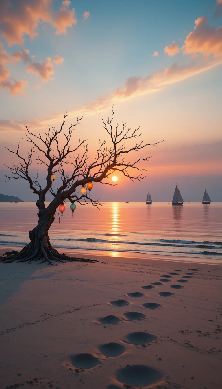 Romantico paesaggio marino al tramonto con barche e legno alla deriva illuminato da lanterne