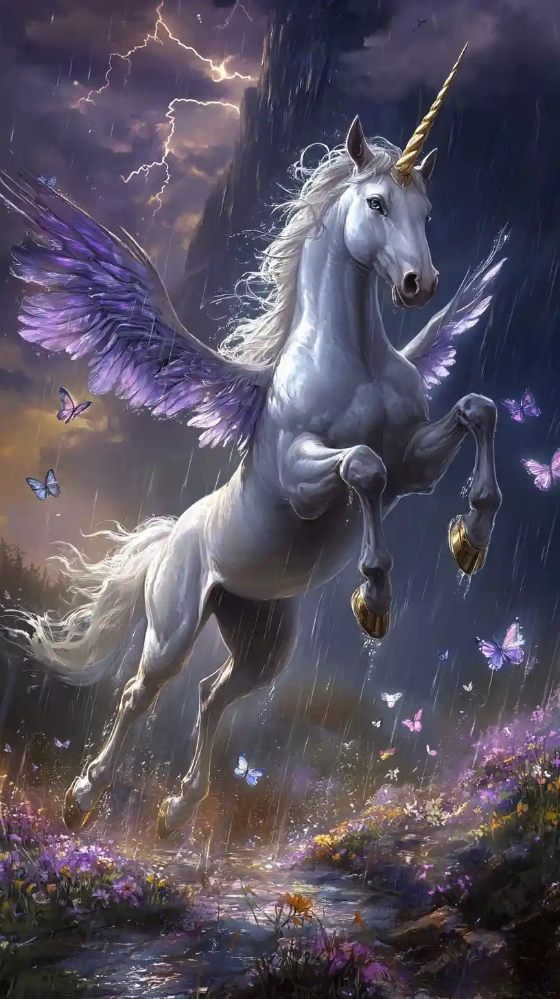 White unicorn rearing in a stormy fantasy meadow