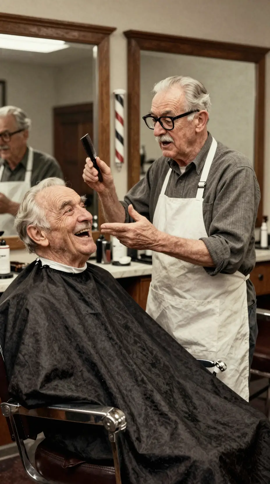 Elderly barber chatting with laughing customer in barbershop