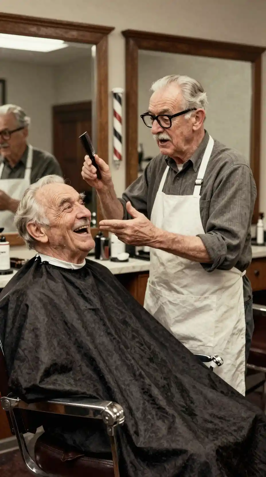 Barbiere anziano che chiacchiera con un cliente che ride in barberia
