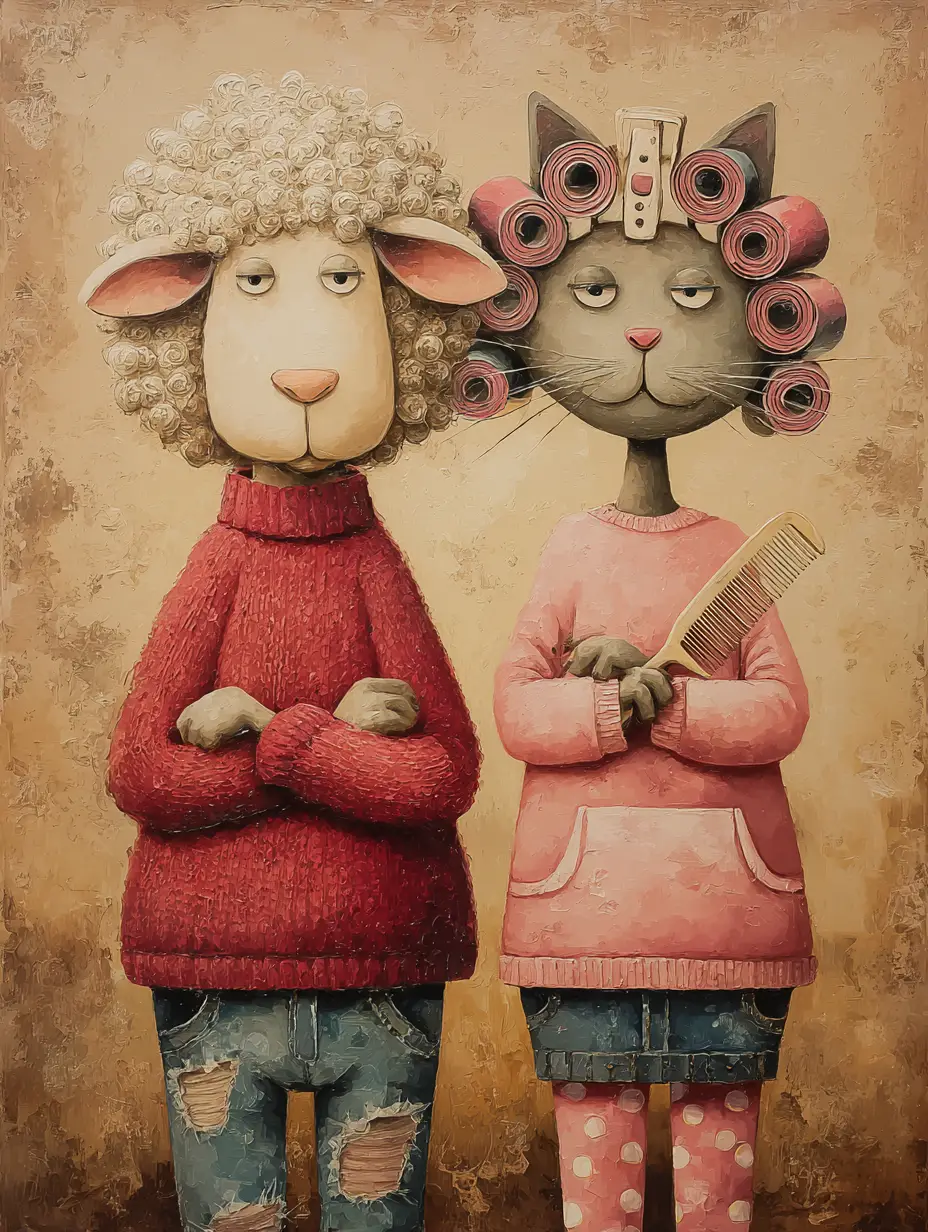 Playful Sheep And Cat Friends In Mixed Media Style