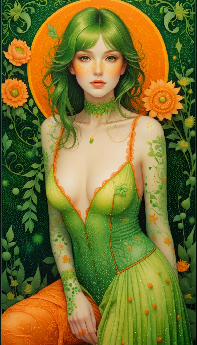 Pointillist field of orange and green glowing dots