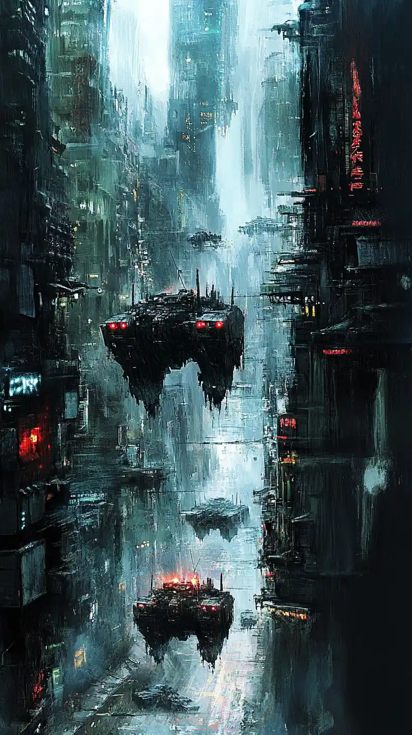 Dystopian city of roaming tanks and neon industrial chaos