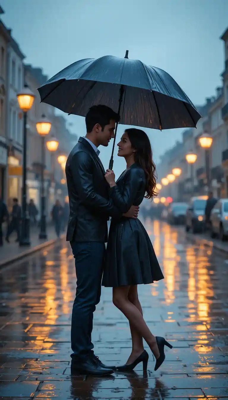 Romantic couple under a black umbrella on rainy street