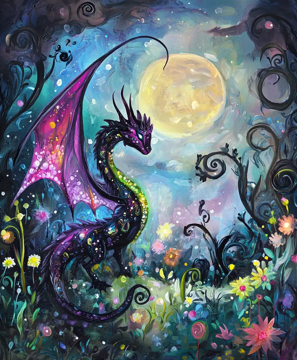 Whimsical Dragons Dancing Under A Glowing Full Moon