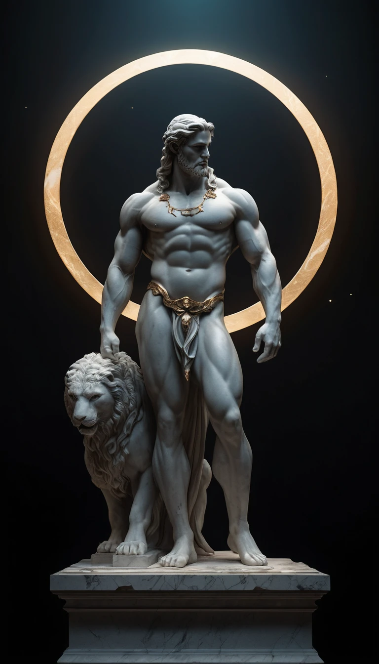 Divine stone statue with glowing halo in cosmic space