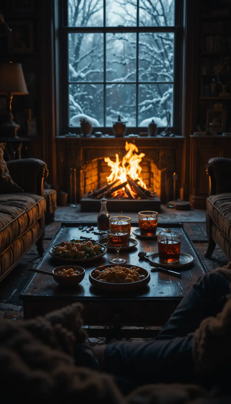 Intimate close up of coffee table by glowing firelight