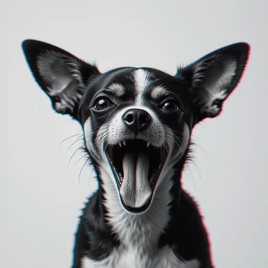 Gähnender Chihuahua im minimalistischen Schwarz-Weiß-Glitch-Stil