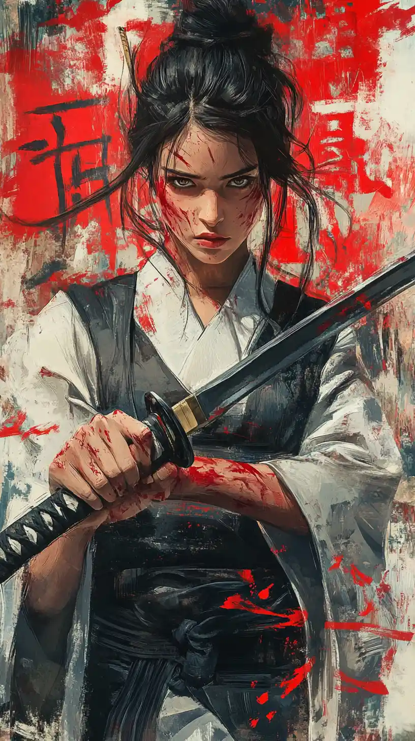 Samurái femenina feroz empuñando una katana ensangrentada