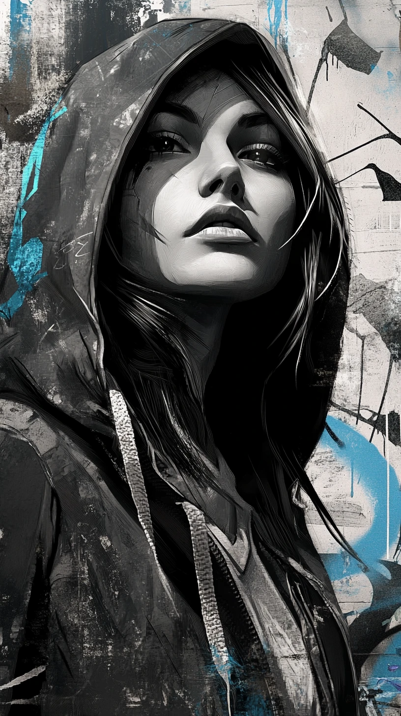 Determined young woman before bold black and white graffiti