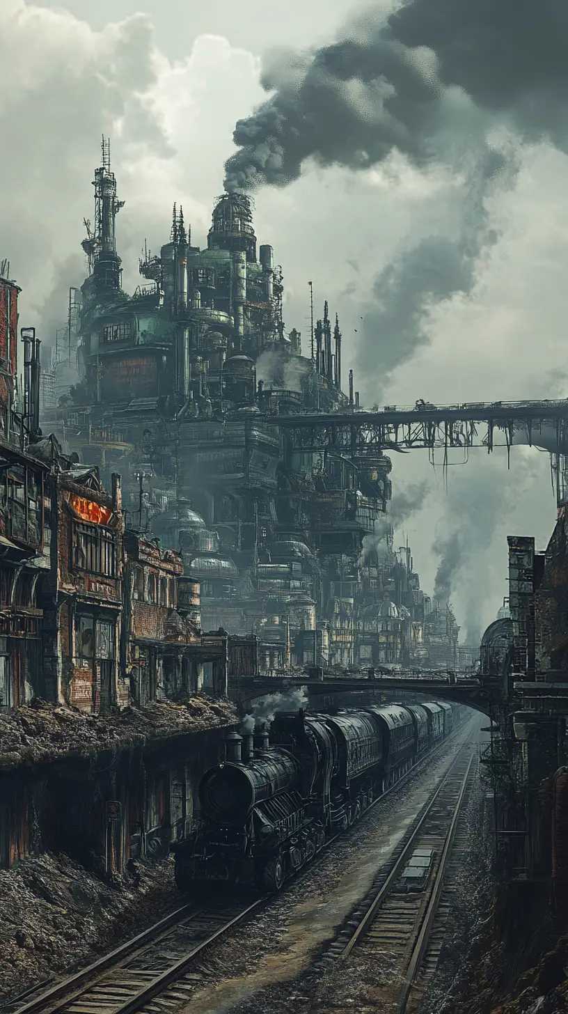 Roaming steampunk city on wheels crossing a desolate wasteland