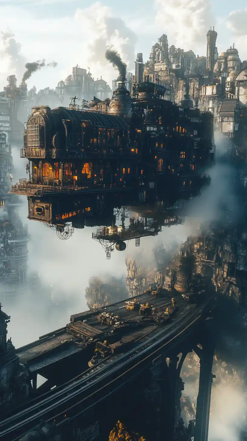 Città steampunk mobile attraversa un paesaggio post-apocalittico