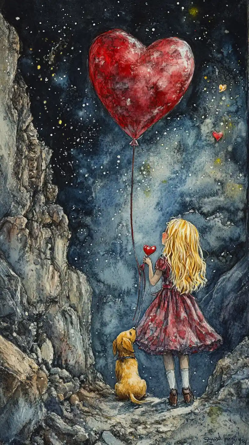 Watercolor girl with dog on a night mountain street