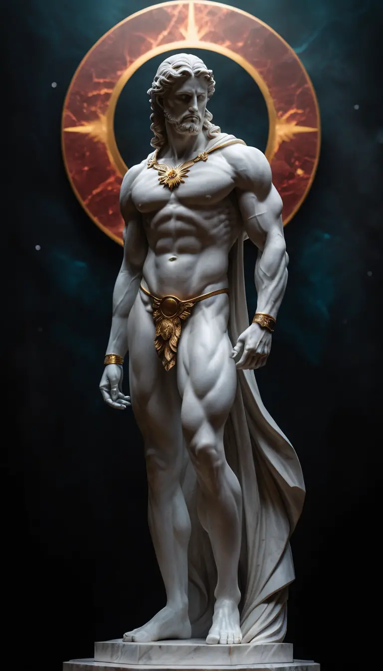 Divine marble statue with halo in celestial darkness