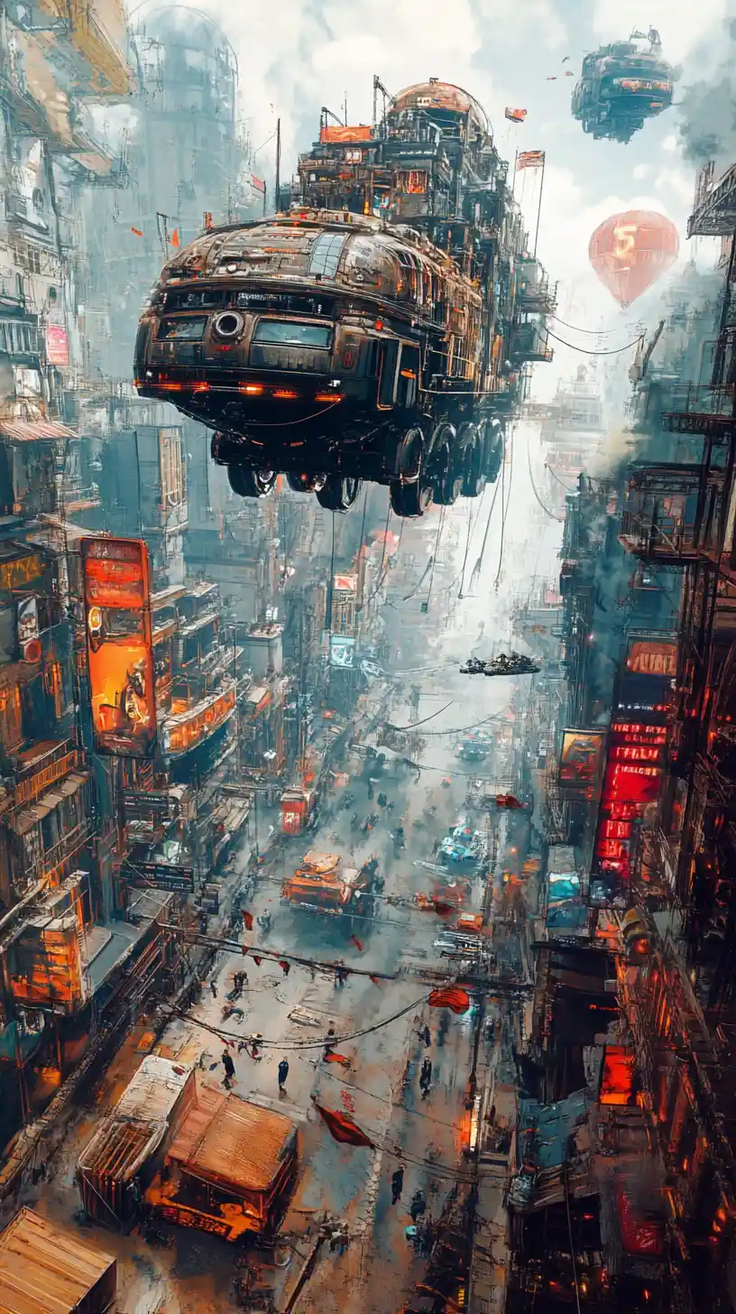 Steampunk city on wheels chasing another through ruins