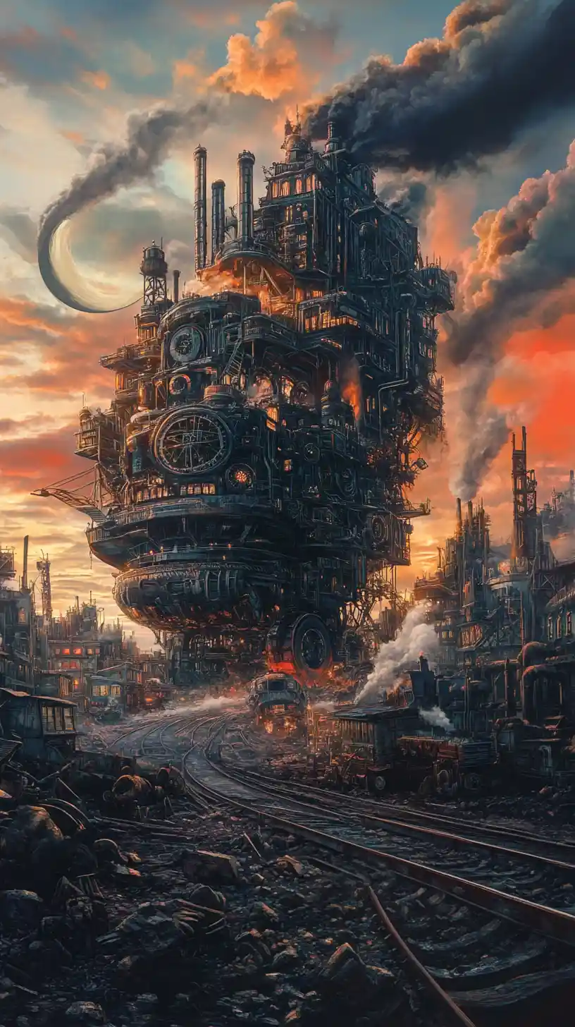 Gigantic Victorian mobile city chasing another across ruins