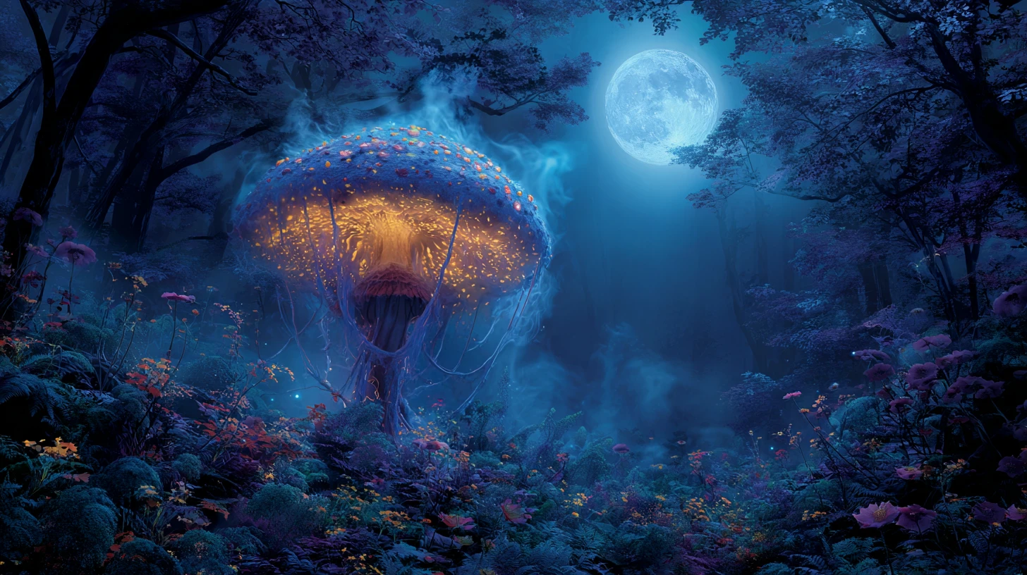 Giant glowing mushroom under moonlight in misty forest