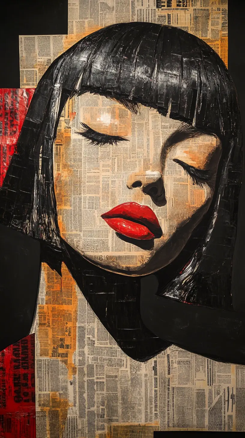 Ritratto Surrealista di Donna con Occhi Chiusi in Collage di Giornale