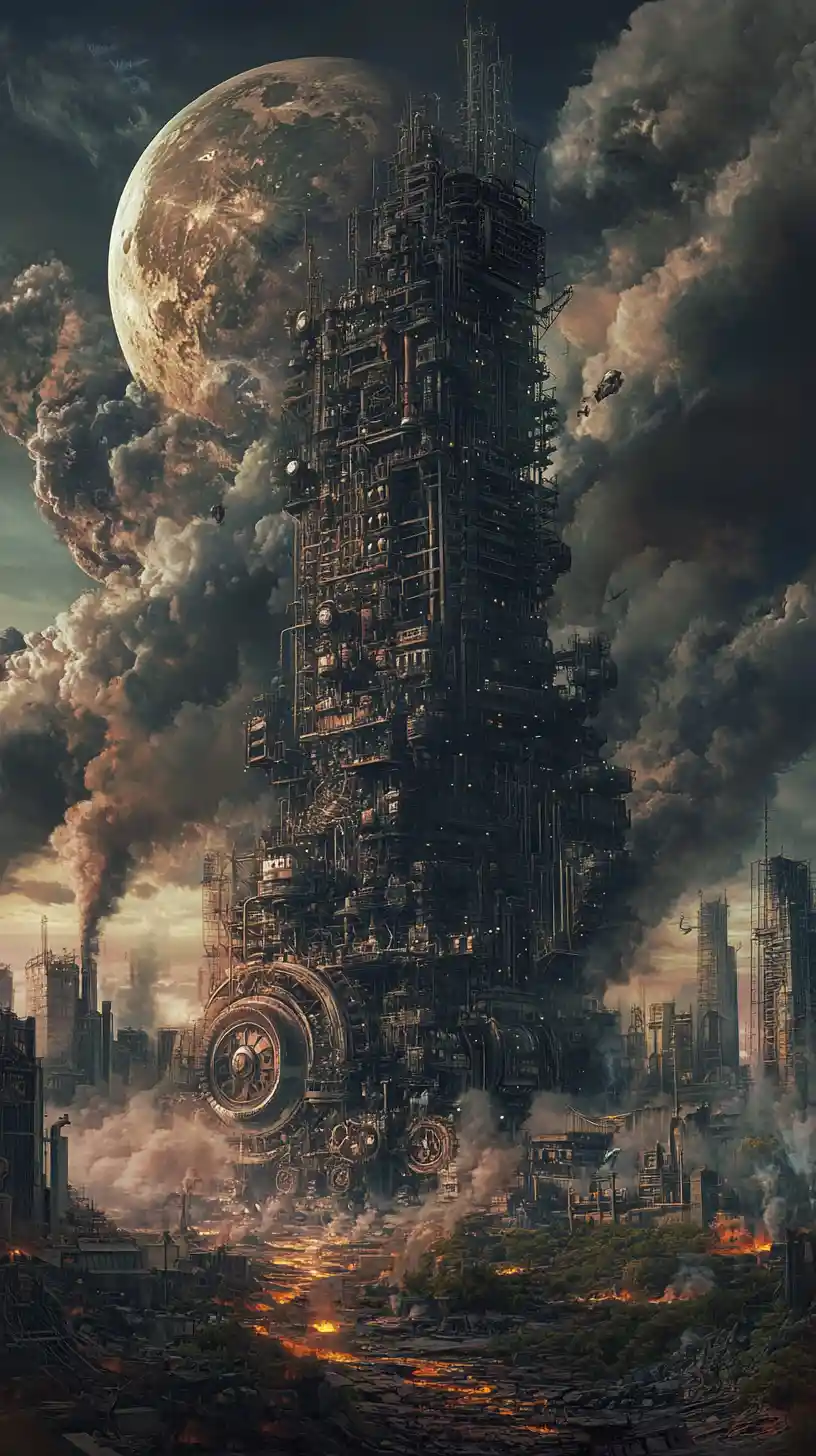 Giant wheeled victorian city chasing another across ruins