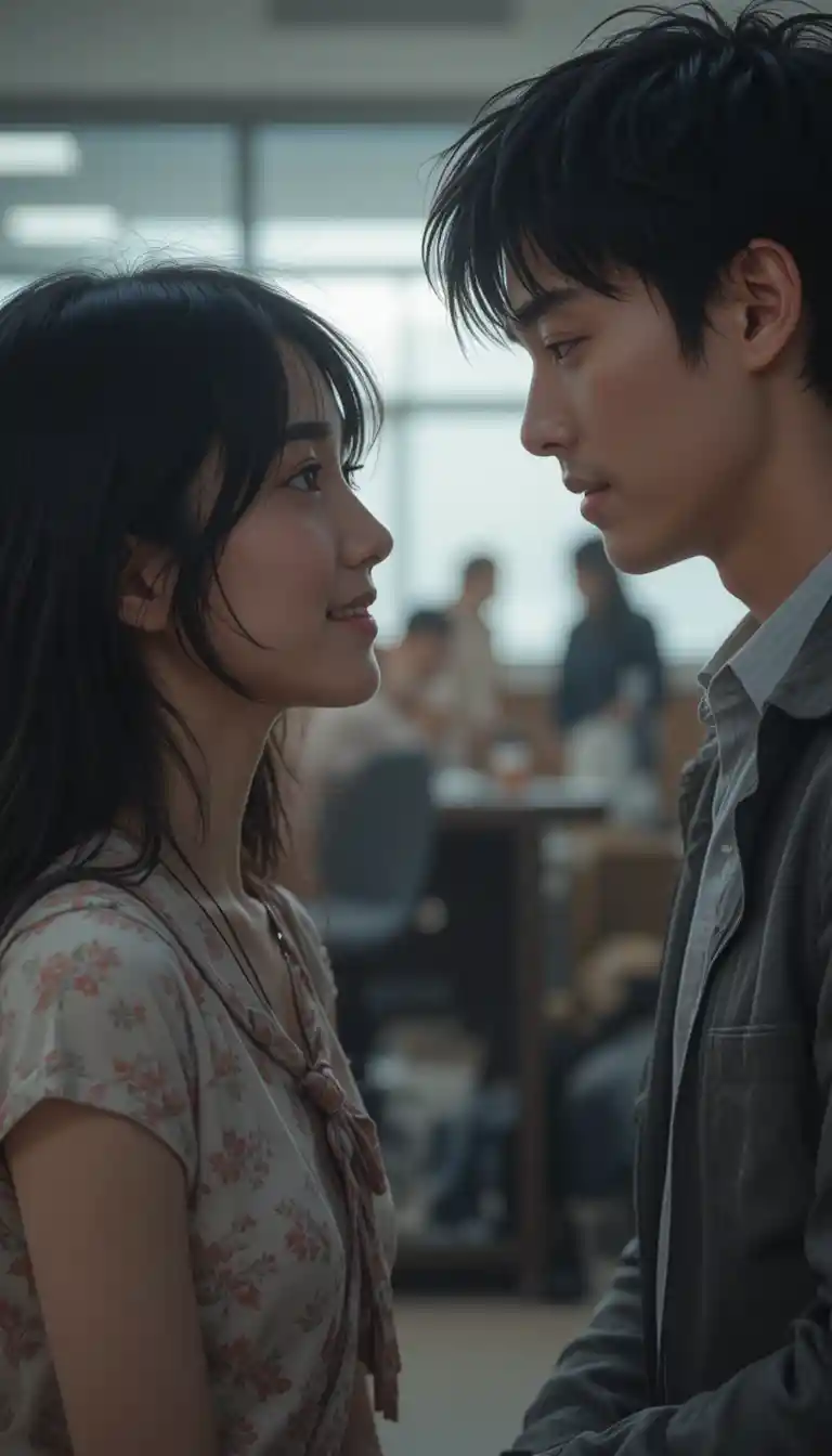 Shy young man in love watching his friend in office