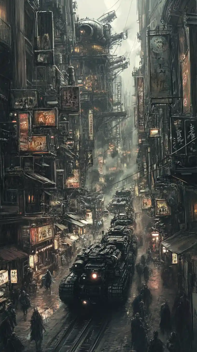 Dystopian cyberpunk city ruled by roaming steel tanks