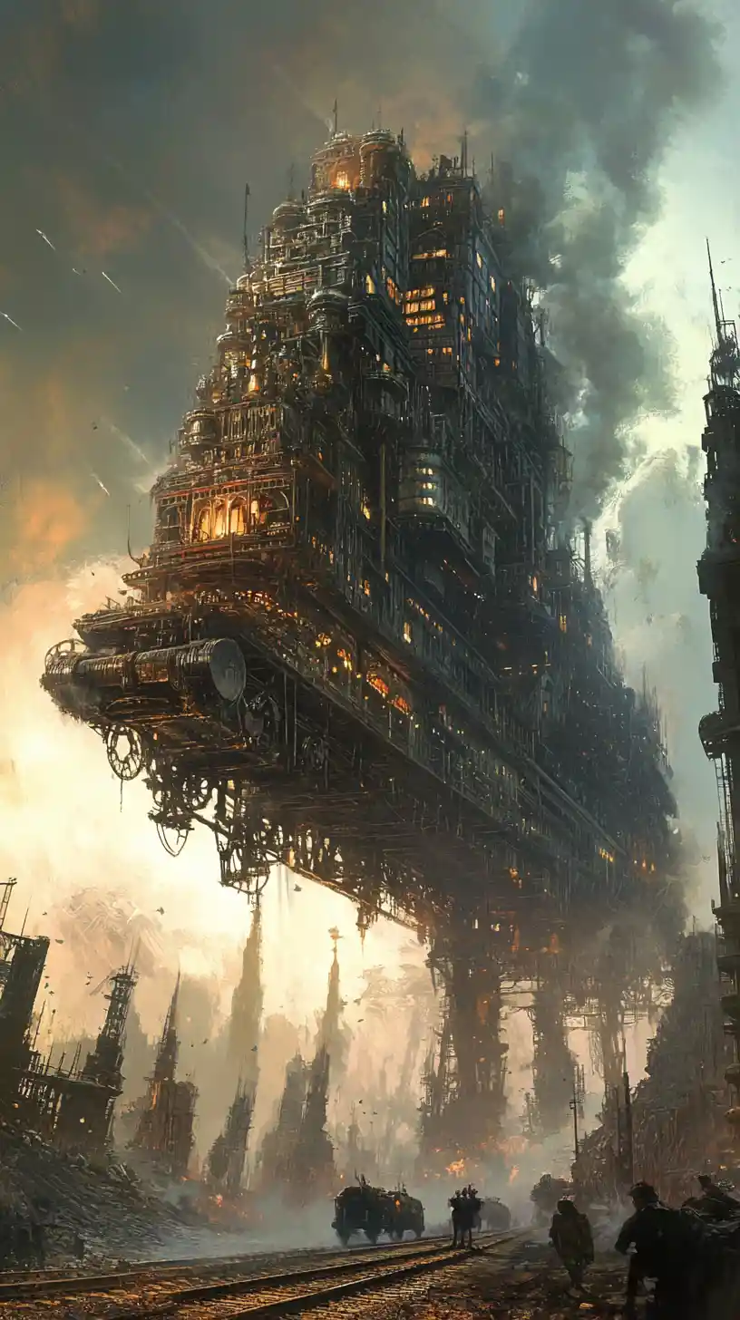 Gigantic rolling city crossing a desolate wasteland