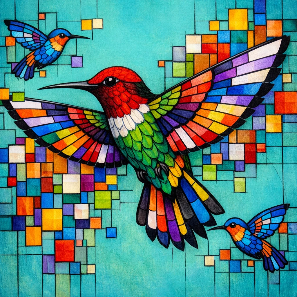 Colibríes geométricos y coloridos con alas segmentadas y luminosas
