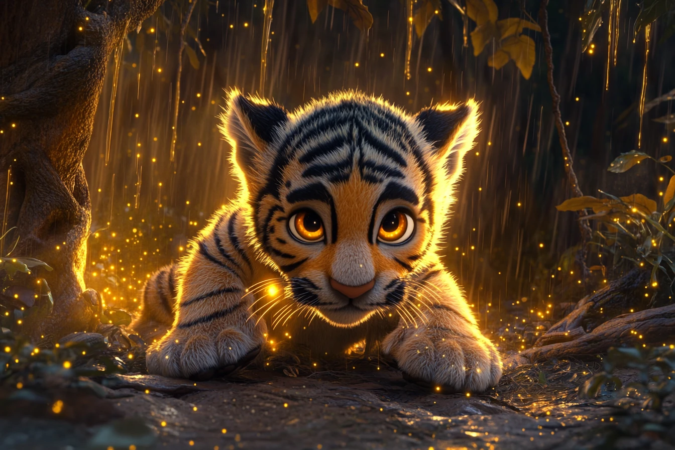 Cucciolo di tigre luminoso in una foresta al crepuscolo sotto nebbia dorata