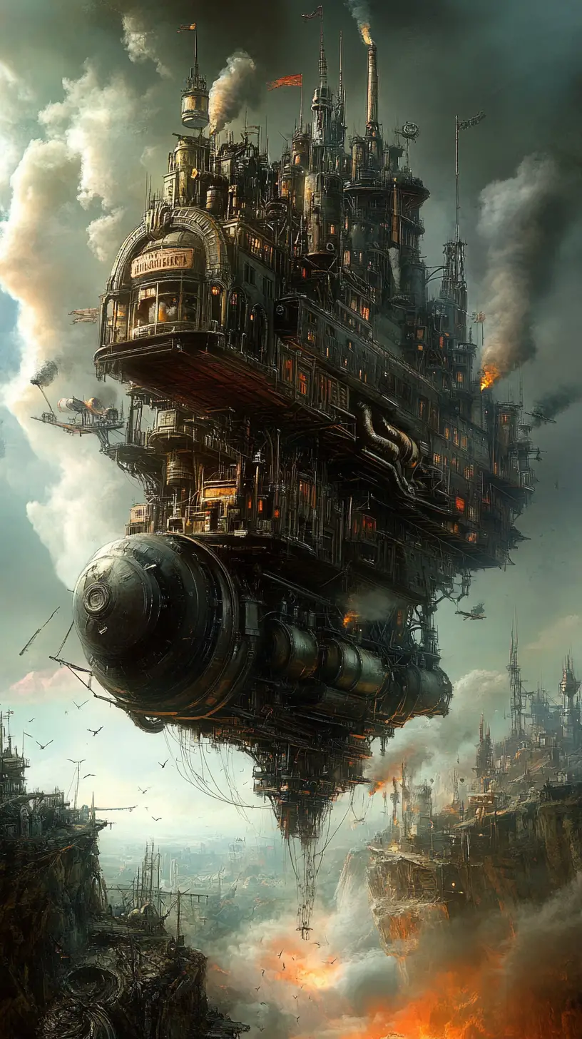 Mobile steampunk city rolling through a ruined wasteland