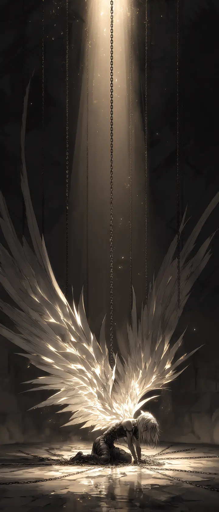 Fallen angel chained in darkness with wings struck by light