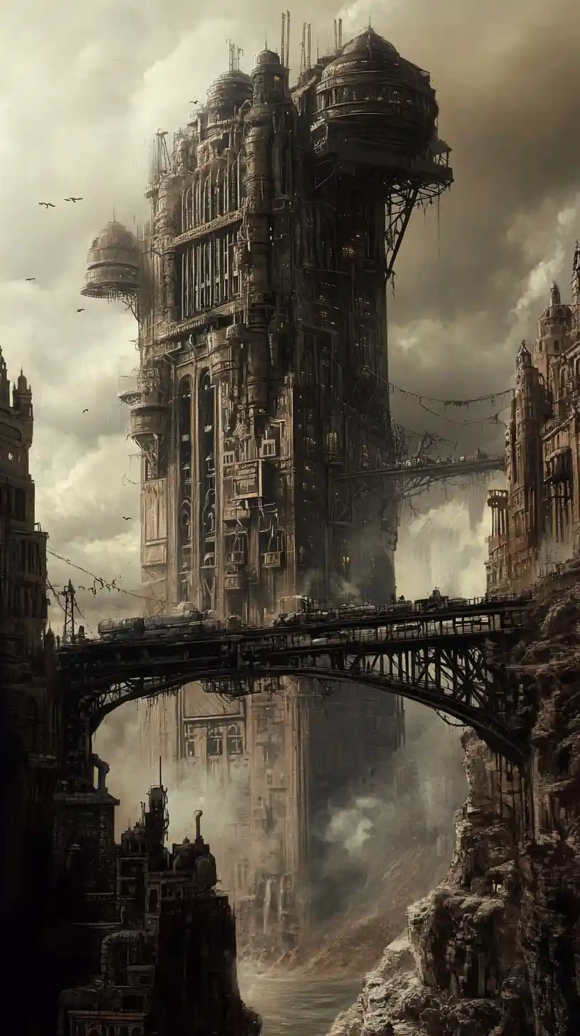 Roaming steampunk city on wheels in a harsh wasteland