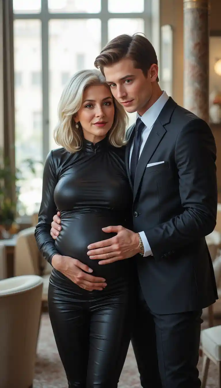 Elegante donna matura incinta abbracciata da giovane uomo d’affari