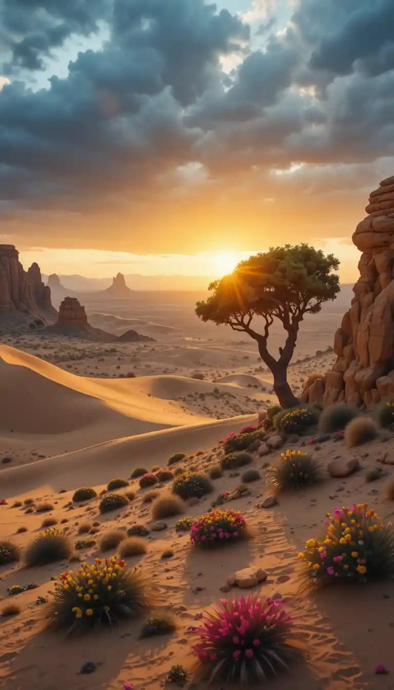 Golden desert landscape with rock formations at sunset
