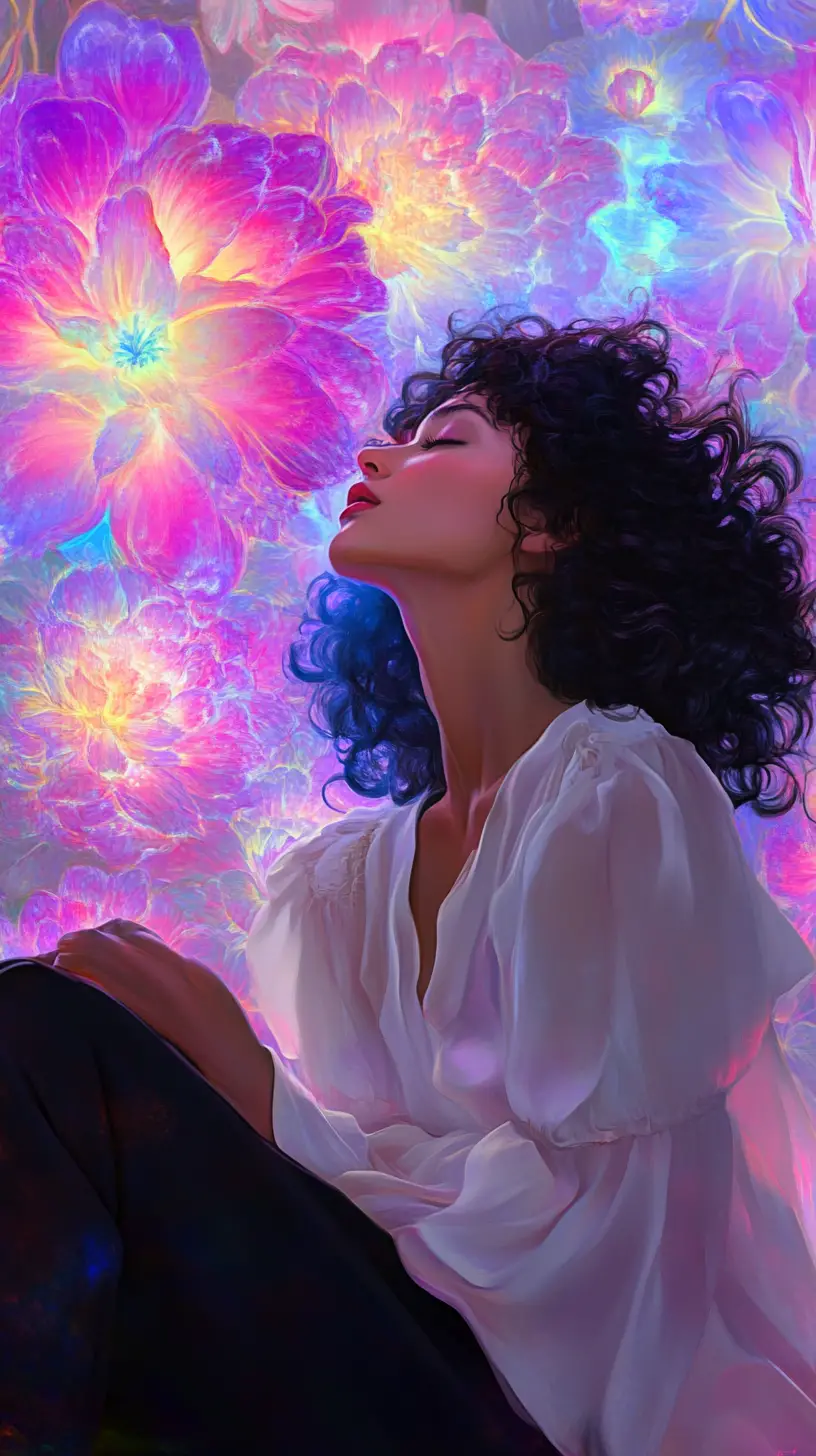 Mujer de blanco entre flores fantásticas y brillantes en plena floración