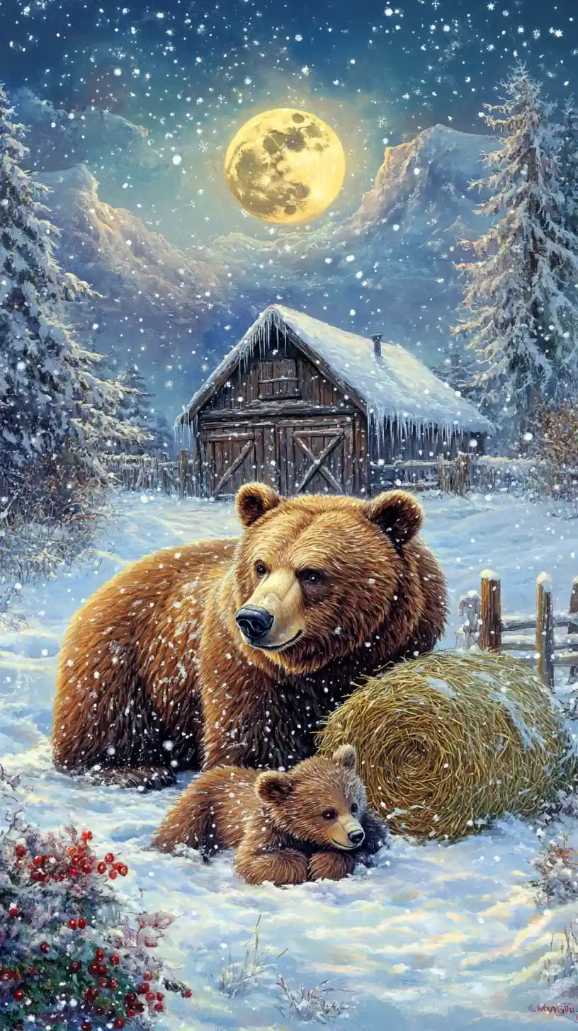 Orso bruno e cuccioli riparati in un prato innevato
