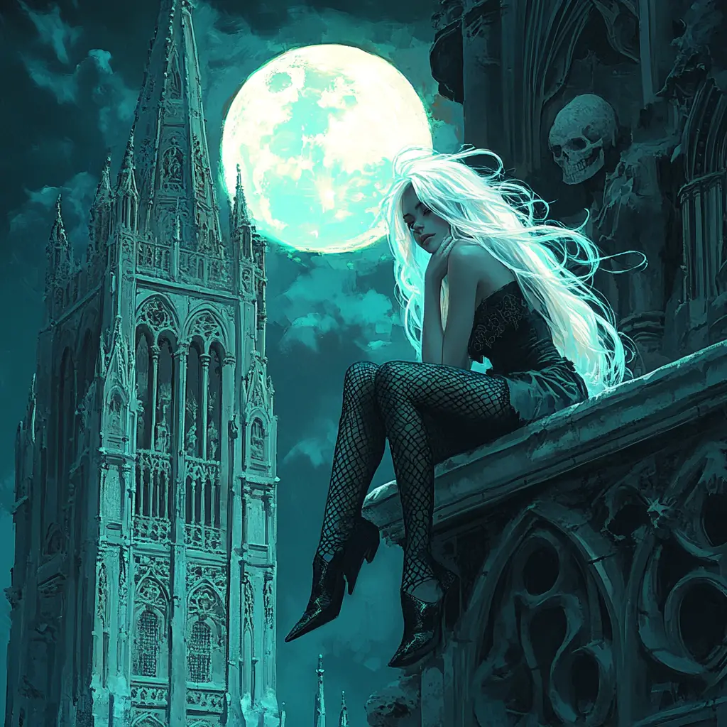 Moonlit girl beside gargoyle on gothic cathedral ledge