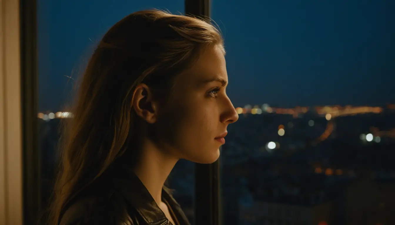 Pensive young woman by a window over the midnight city