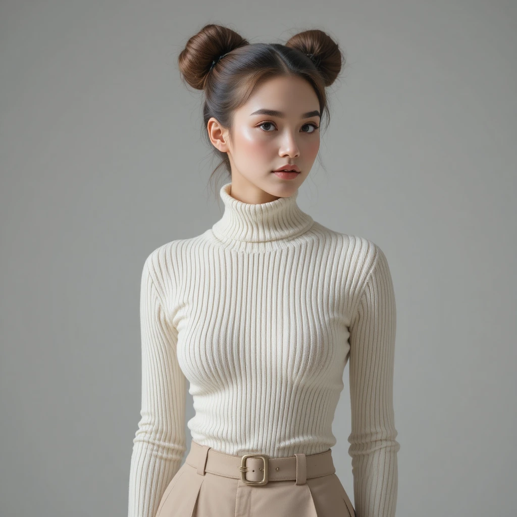 Minimalist fashion portrait of woman in ivory turtleneck
