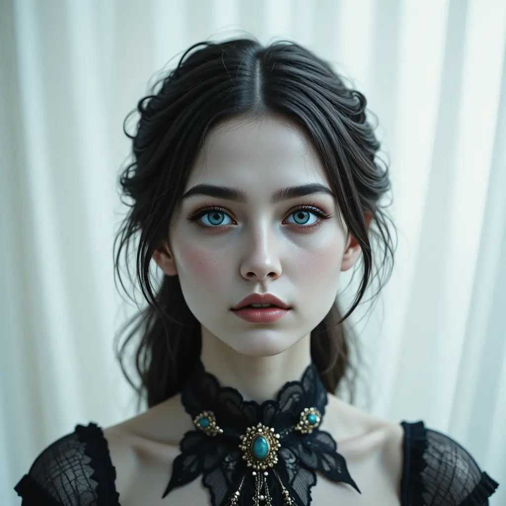 Portrait éthéré en gros plan d’une femme pâle aux yeux turquoise
